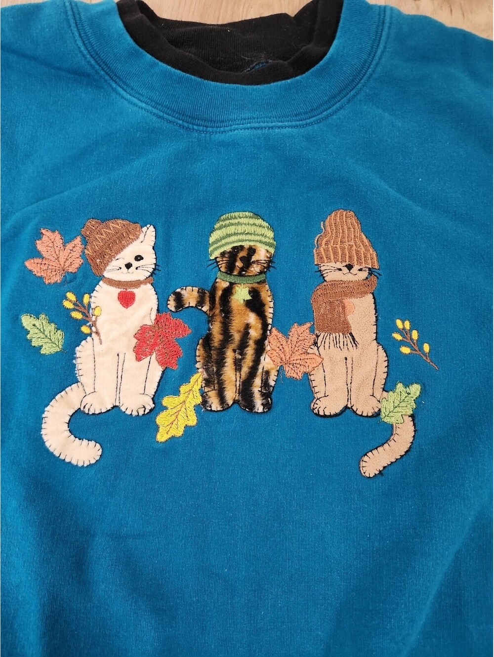 VTG Top Stitch Blue Fleece Fall Cats Kitten Sweat Shirt Pullover 3D Sz M Cottage
